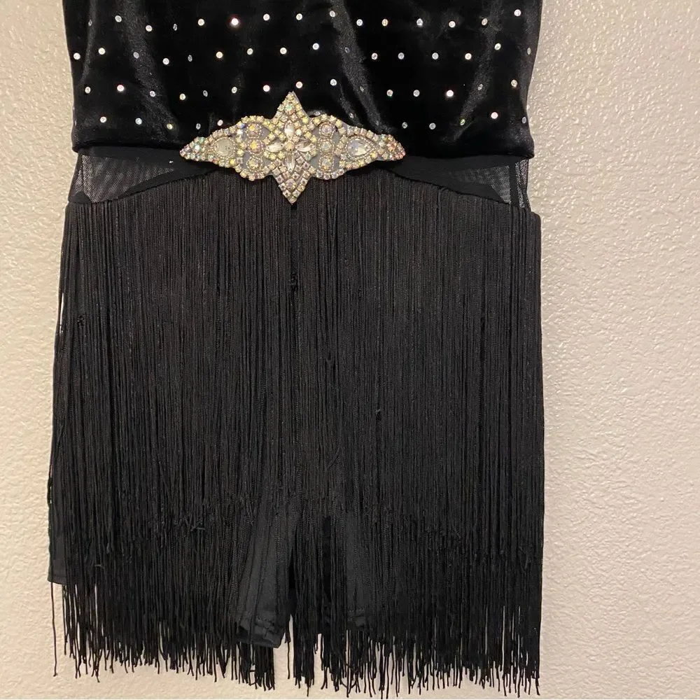 Weissman dance costume black velvet crystal fringe End Of Time 13009 MC 10/12